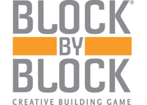 Colorful puzzle pieces and challenge cards for ThinkFun - Block by Block, a creative 3D building logic game for ages 8+.