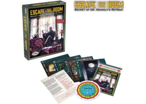 ThinkFun Escape Room: Dr. Gravely's Retreat game box featuring clue cards and sealed envelopes for a thrilling puzzle experience.