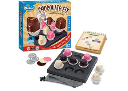 Colorful chocolate pieces and a tray for the ThinkFun Chocolate Fix logic game, designed for deductive reasoning challenges.