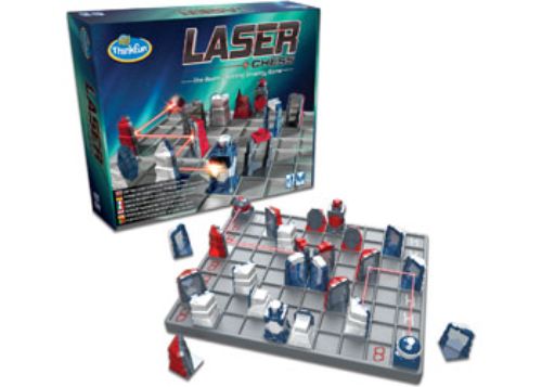 Two-player strategy game Laser Chess featuring a game board, lasers, and mirrored pieces for tactical gameplay.