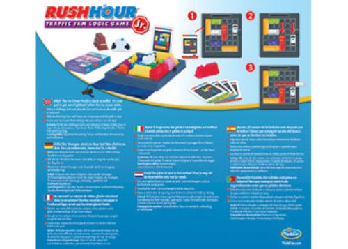 ThinkFun Rush Hour Junior game featuring an ice cream truck navigating a traffic maze with 40 challenge cards for ages 5+.