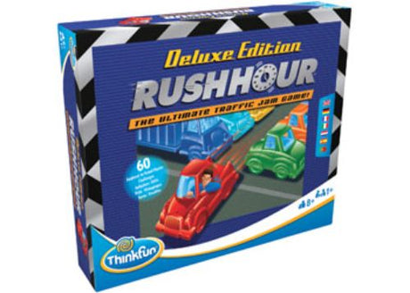 ThinkFun Rush Hour Deluxe Edition game featuring 15 metallic cars and a traffic grid for strategic puzzle-solving challenges.