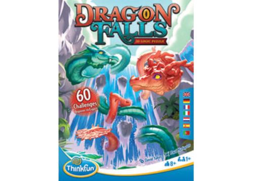 ThinkFun Dragon Falls game features teal and coral water dragons in a 3D logic challenge with 60 engaging cards for all ages.