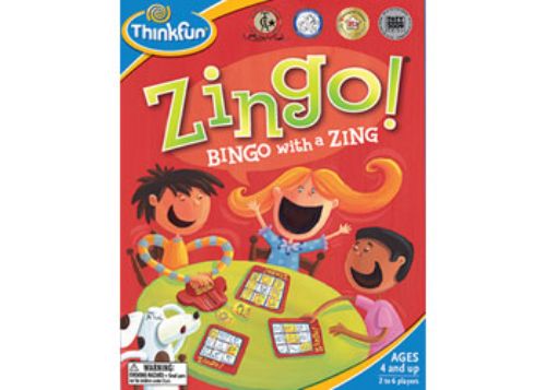 ThinkFun Zingo! game set features double-sided cards and tiles, encouraging word matching for ages 3 and up.