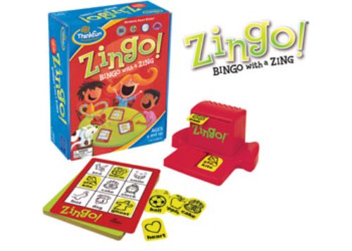 Family game night with ThinkFun Zingo!, featuring cards, tiles, and a Zinger device for fun literacy skills.