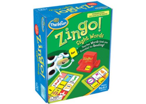 Zingo! Sight Words game box featuring tiles, cards, and Zinger, designed to enhance children's reading skills through play.