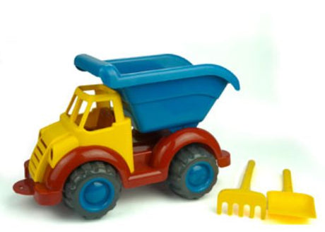 Viking Toys Super Mighty Tipper Truck with spade and rake, perfect for outdoor play and developing fine motor skills.