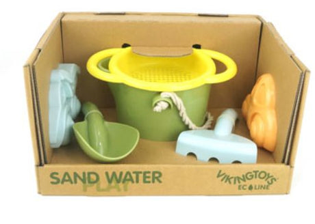 Viking Toys Eco Bucket Set featuring a sieve and 2 colorful vehicles for sustainable beach play and sandcastle building.