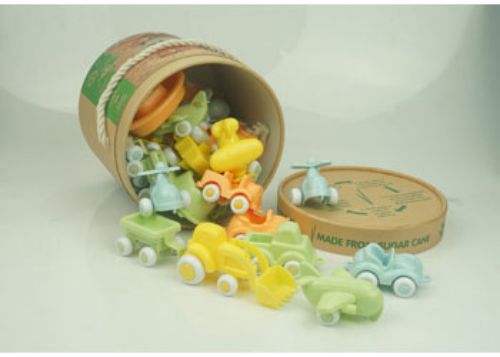 Colorful 30-piece eco-friendly toy set in a 5-litre bucket, featuring vehicles, boats, and planes made from renewable resources.