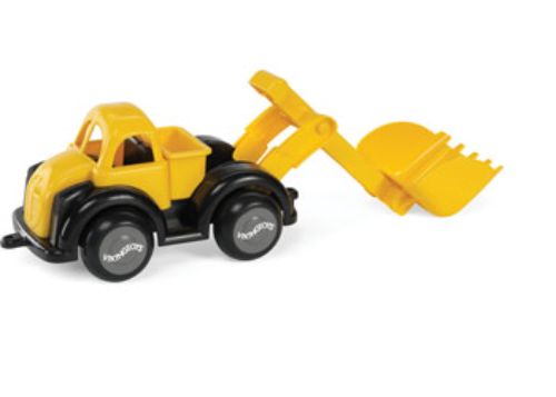 Viking Toys Jumbo Digger Truck in yellow and black, featuring a movable arm for imaginative play and fine motor skill development.