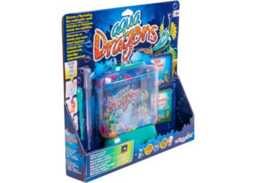 Aqua Dragons Underwater World Box Kit features a decorated tank to hatch and nurture unique three-eyed aquatic creatures.