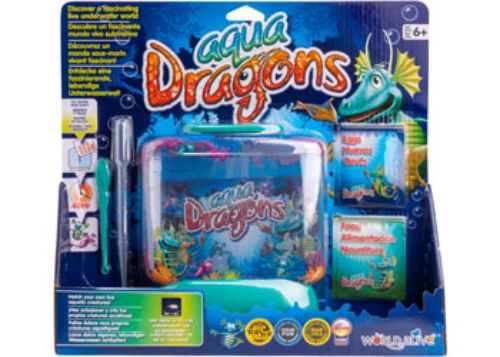 Aqua Dragons Underwater World Box Kit with tank, eggs, food, spoon, aerator, and instructional materials for young scientists.