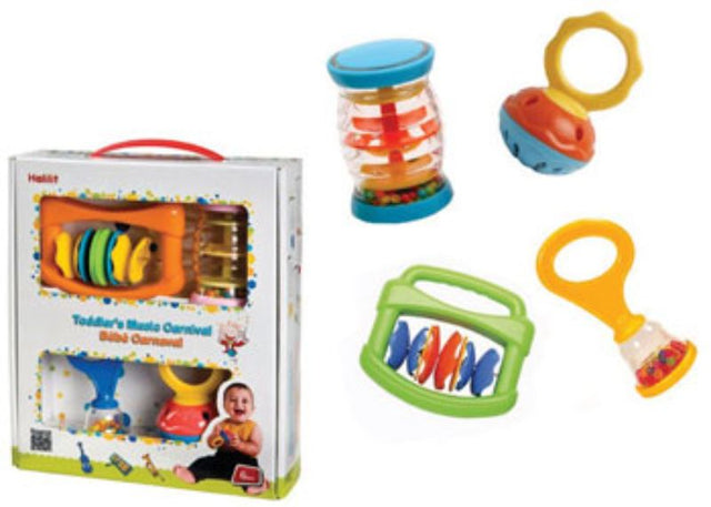 Brightly colored toddler music carnival toy featuring drums, maracas, and engaging sounds for creative play and sensory exploration.