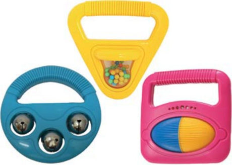 Colorful Halilit musical toy set featuring 3 unique instruments, designed for babies to shake, jingle, and roll.