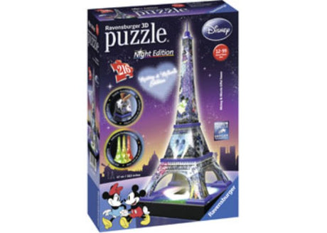 3D puzzle of the Eiffel Tower, featuring Mickey and Minnie Mouse, 216 pieces, 44 cm tall, no glue needed for assembly.