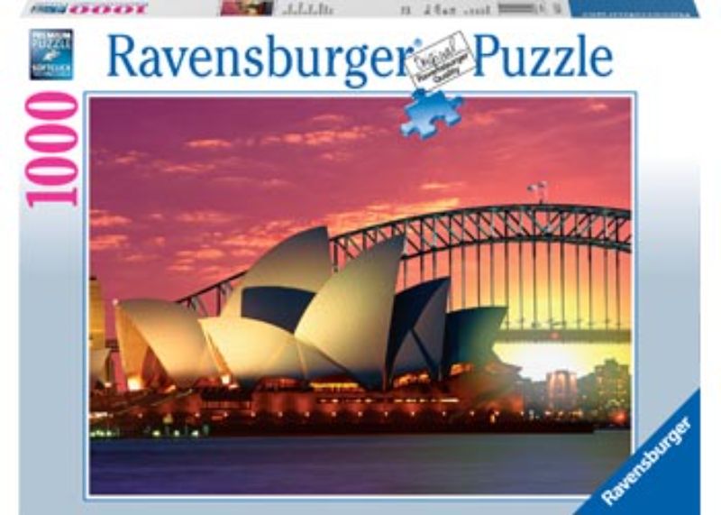 Ravensburger 1000-piece puzzle featuring a vibrant Opera House Harbour scene, perfect for families and art enthusiasts.