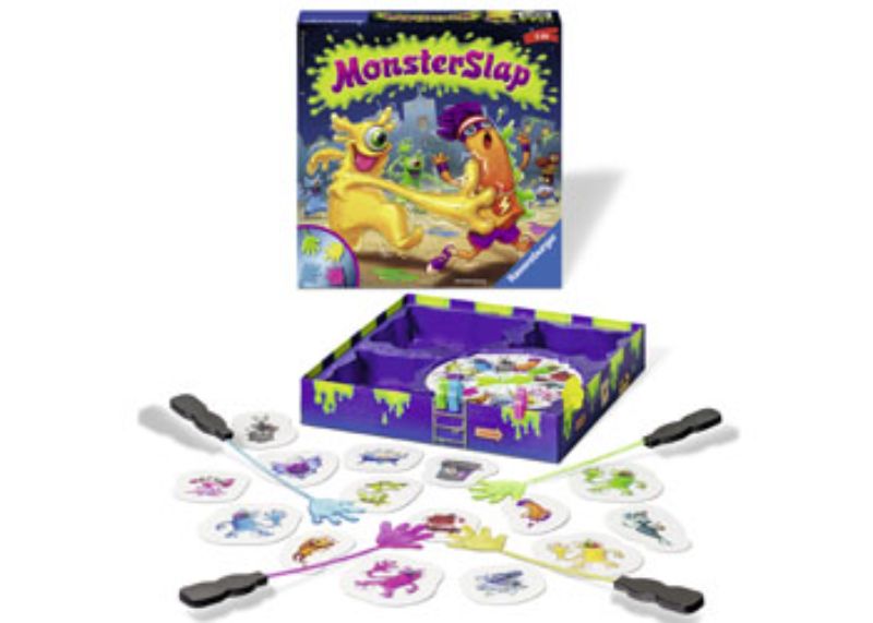 Colorful box of Ravensburger's Monster Slap Game featuring slime hands, city monsters, and fun gameplay for 2-4 players.