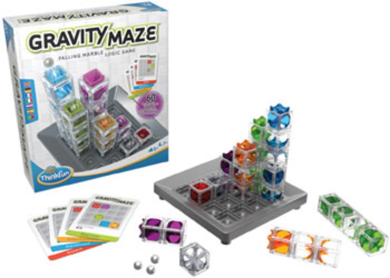 ThinkFun Gravity Maze: a logic game with towers and marbles enhancing critical thinking for ages 8+, featuring 60 challenge cards.