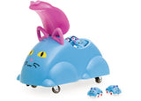 Adorable ride-on cat toy with pink ears, silent wheels, and storage space, perfect for 1-5 year olds' imaginative adventures.