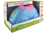 Cute Rider Cat ride-on toy for ages 1-5, featuring pink ears, silent wheels, and storage space for imaginative adventures.