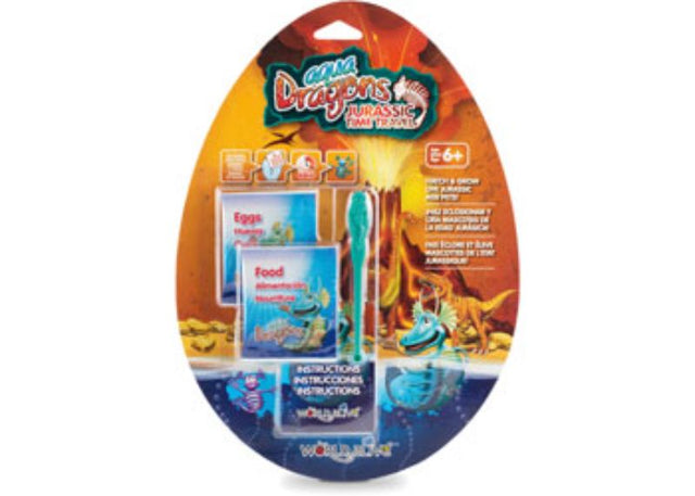 Aqua Dragons Jurassic Refill Pack with eggs, food, spoon, and instructions for hatching and growing aquatic pets.