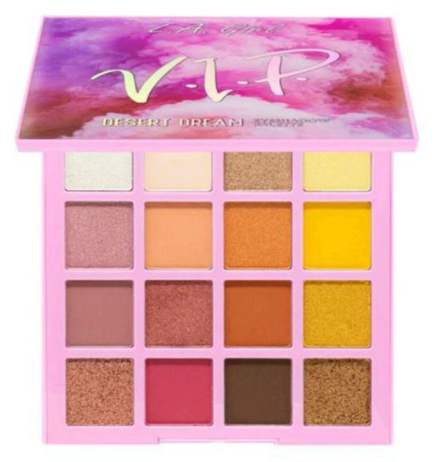 "L.A. Girl Desert Dream Palette - V.I.P. features 16 vibrant warm-toned eyeshadows in matte, shimmer, and foil finishes."