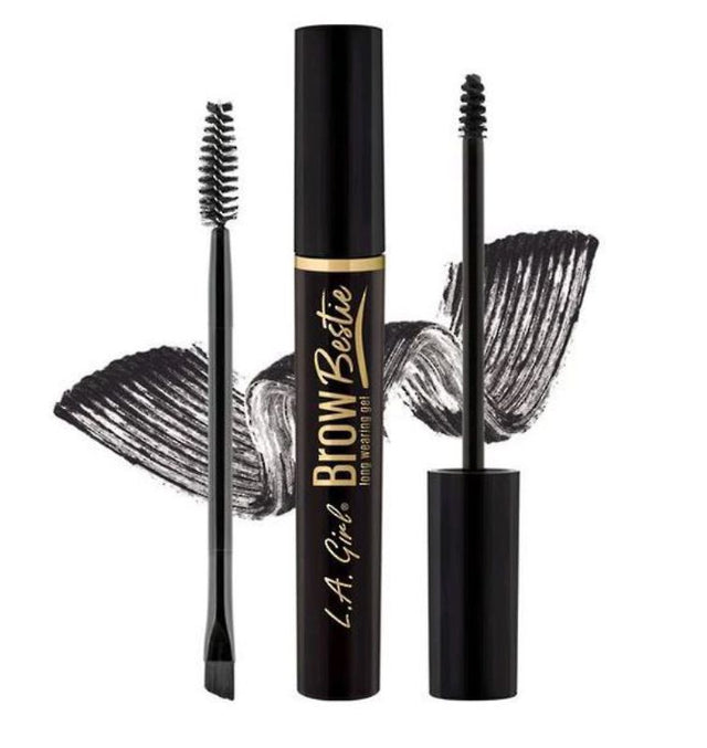 LA Girl Brow Bestie Brow Gel Kit in Soft Black with spoolie wand and dual-ended brush for flawless, long-lasting brows.