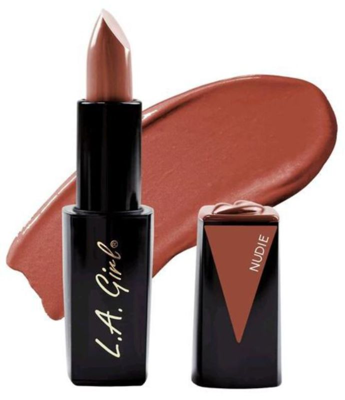 LA Girl Lip Attraction Lipstick in Nudie: glossy, high-pigment, creamy lipstick with vitamin E for soft, vibrant lips.