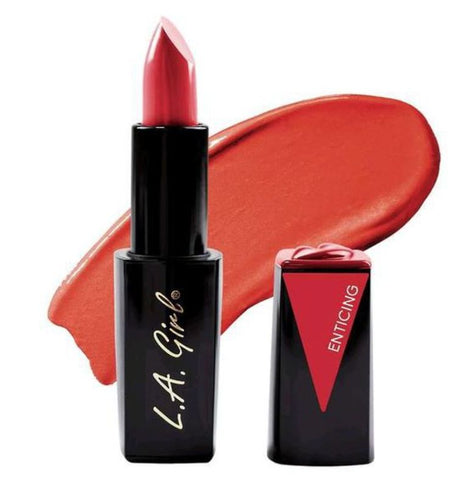 LA Girl Lip Attraction Lipstick in Enticing offers glossy, vibrant color with vitamin E for hydration and full-coverage lips.