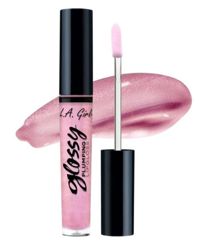 Glossy Plumping Lipgloss by LA Girl, featuring vitamin E, aloe vera, and a non-sticky shine in 10 vibrant shades.