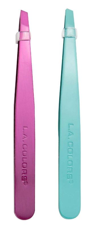 Pink and teal tweezers from LA Colors, designed for precision grooming and a stylish addition to any makeup kit.