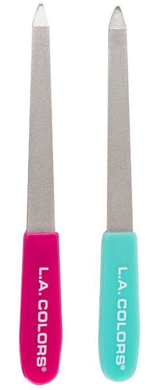 LA Colors Sapphire File in pink and teal, dual-sided for shaping nails, perfect for natural and artificial nails.