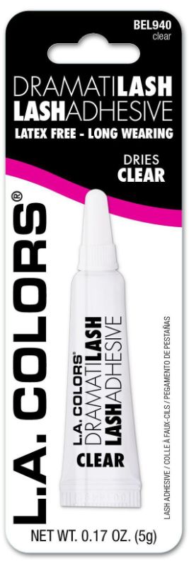 Clear lash glue by LA Colors, dries invisibly, latex-free, long-lasting for secure and effortless eyelash application.