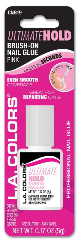 LA Colors Ultimate Hold Brush on Nail Glue in Pink, featuring a quick-drying formula and precision brush for easy application.