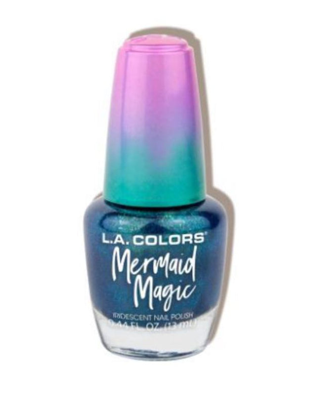 Iridescent nail polish in 'Mermaid', showcasing pearly pinks, purples, coral, and turquoise for a magical ocean-inspired look.