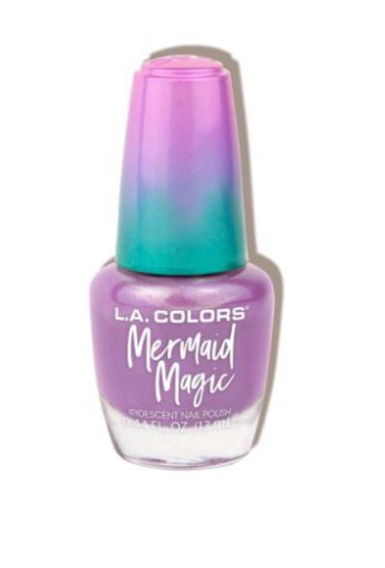 Pearly, iridescent LA Colors nail polish in mystical shades of pink, purple, coral, and turquoise for a mermaid-inspired look.