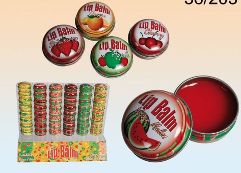 Trendy Fruits Lip Balm collection featuring six vibrant flavors: Strawberry, Cherry, Watermelon, Lemon, Orange, and Apple.