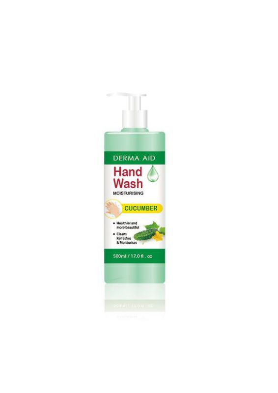 Derma Aid Hand Wash in a 500ml pump bottle, cucumber-scented, kills 99.9% of germs while being gentle on skin.