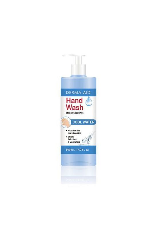 Derma Aid Hand Wash in Cool Water scent, 500ml pump bottle, gently cleanses hands while killing 99.9% of germs.