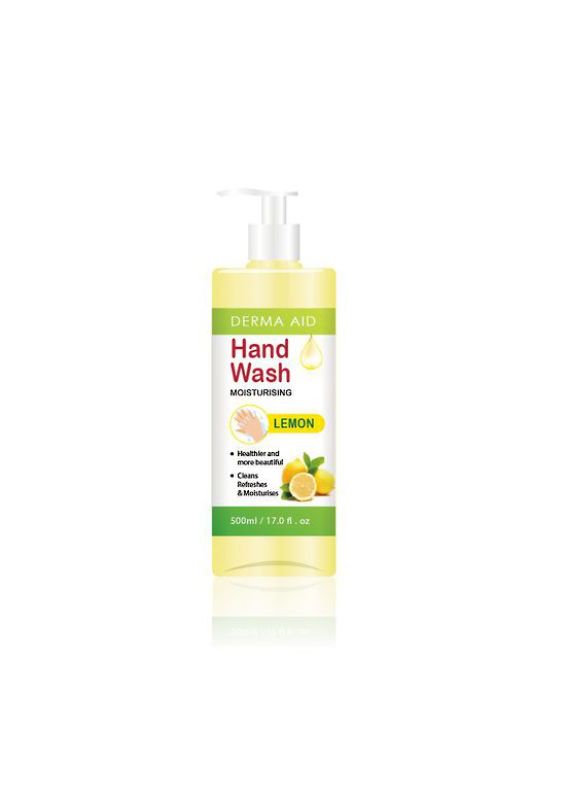 Lemon-scented Derma Aid hand wash in a 500ml pump bottle, kills 99.9% of germs while being gentle on skin.