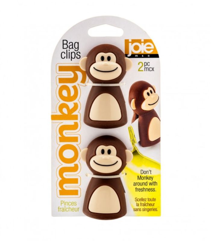 Playful monkey-shaped clips in a pack of 2, designed to seal snacks like chips and cookies for lasting freshness.