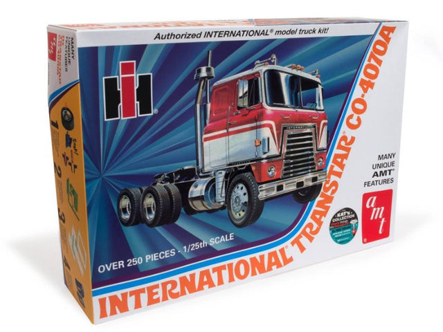 Detailed 1/25 scale model kit of International Transtar CO with steerable wheels, tilting cab, and custom decals.