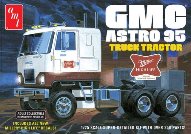 1/25 scale GMC Astro 95 'MillerBeer' model kit featuring detailed engine, tilting hood, and customizable decals for collectors.