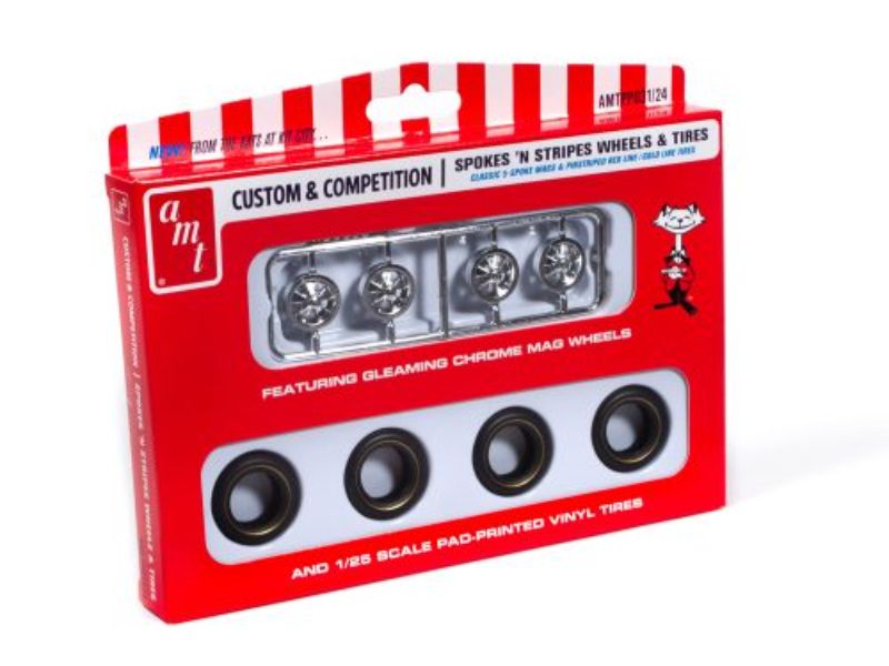 1:25 scale plastic kit featuring classic 5-spoke mags and pinstriped red and gold line tyres for model car enthusiasts.