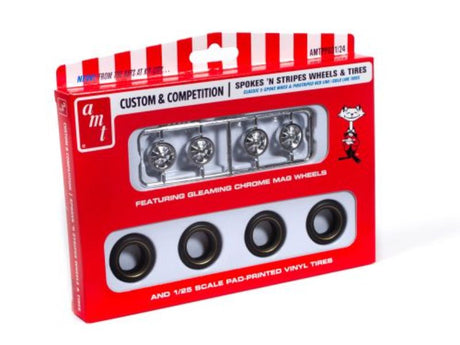 1:25 scale plastic kit featuring classic 5-spoke mags and pinstriped red and gold line tyres for model car enthusiasts.