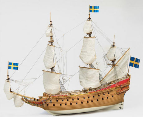 Detailed 1/65 scale wooden model of the Swedish warship Vasa, showcasing intricate designs and historical significance.