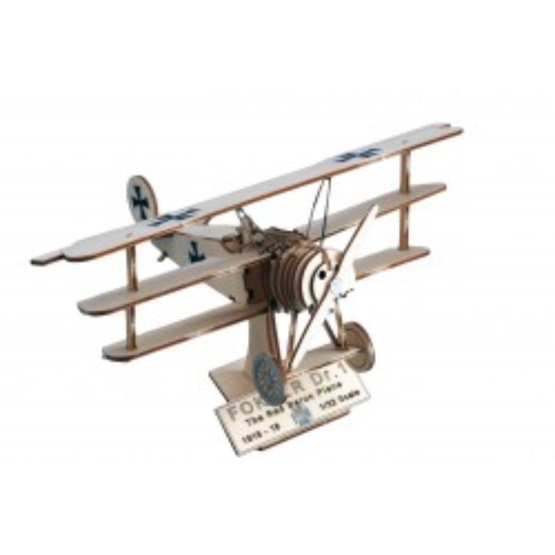 Alt text for the Wooden Ship Fittings - Art & Wood: 1/32 Fokker Dr.1 model kit showcasing the precision-crafted wooden parts and iconic triplane design.