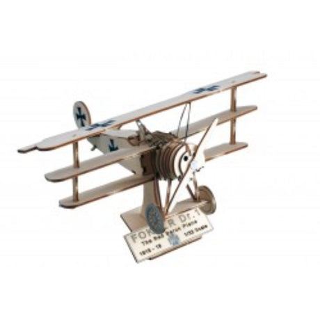 Alt text for the Wooden Ship Fittings - Art & Wood: 1/32 Fokker Dr.1 model kit showcasing the precision-crafted wooden parts and iconic triplane design.