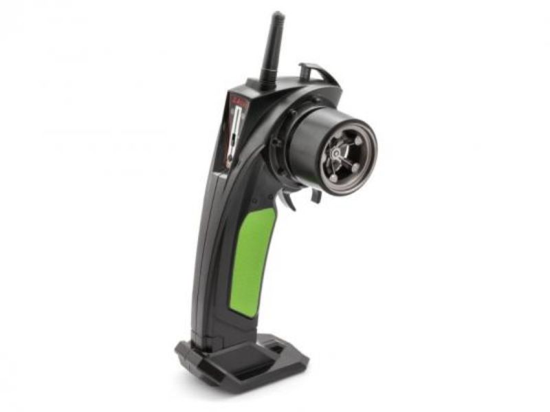 Ergonomic 2.4GHz RC transmitter in vibrant green for precise control and enhanced range for various RC activities.