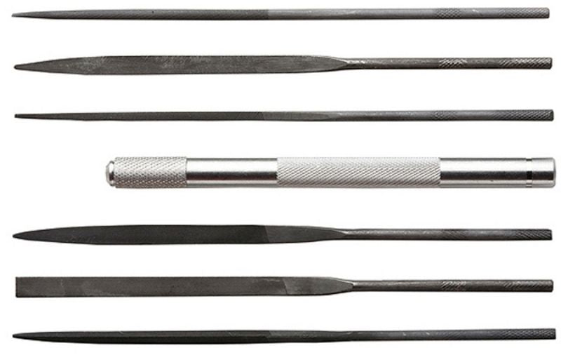 Hobby Tool needle files set with aluminum handle, includes 6 precision files for wood, metal, and plastic tasks.